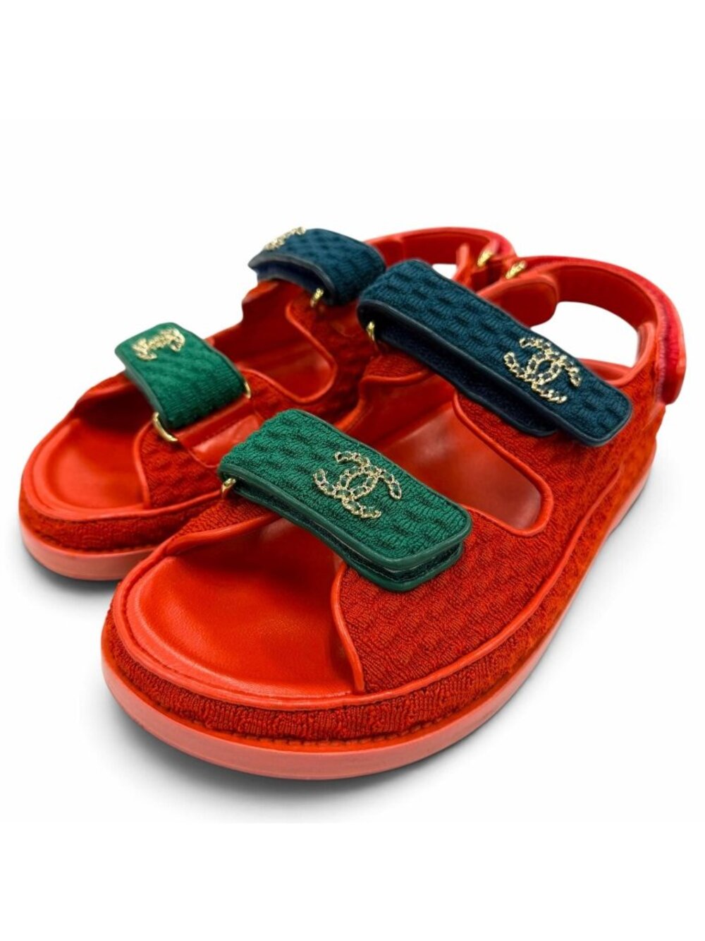 Chanel 22S Leather CC Logo Velcro Sandals Red Navy Green